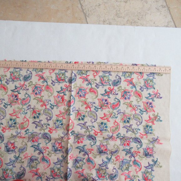 RARE, Vintage, Embroidered Linen Fabric Floral Multicolor Design 3 yards Piece